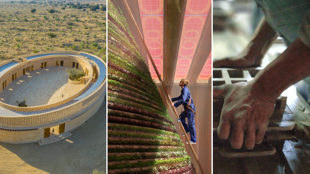 split screen shows three images: an aerial shot of an oval school in the middle of the desert; a man ascending a plant-made pyramid via a ladder while bathed in pink light; male hands holding a tile in the making