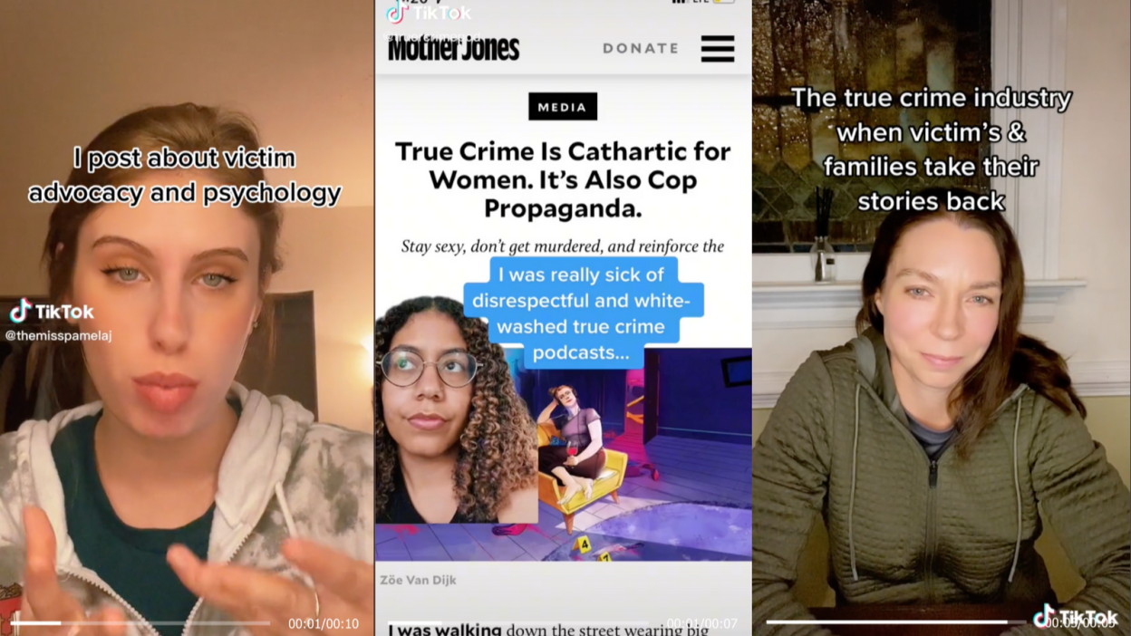 Screen captures of various TikToks featuring women explaining true crime.