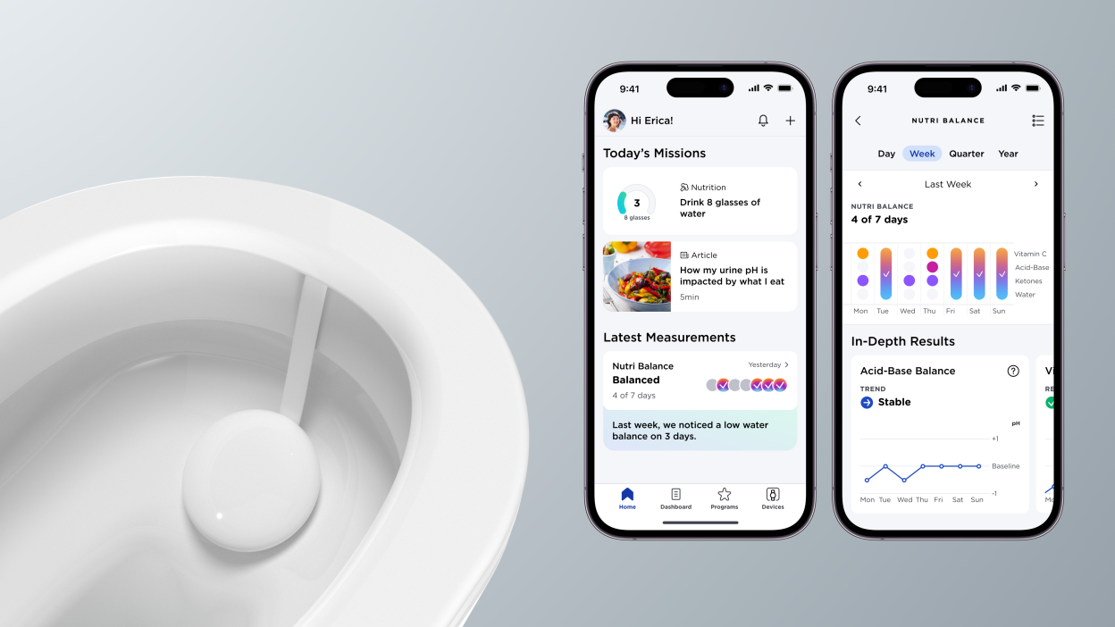 Toilet bowl with Withings U-Scan and smartphones showing the accompanying Health Mate app