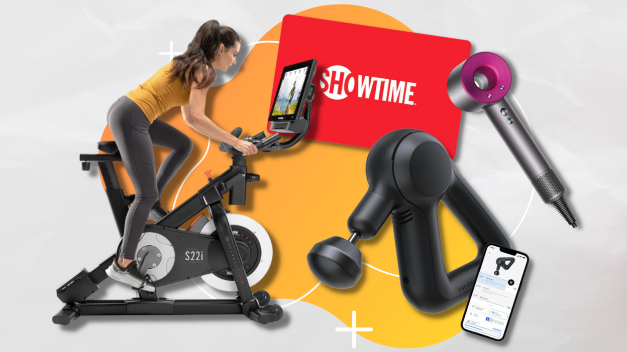 collage with woman on bike, theragun massager, dyson supersonic hair dryer, and showtime logo with orange and gray background
