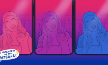 three panels of bi person on tiktok in pink, blue, and purple, the colors of the bi pride flag
