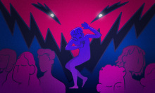bi person surrounded by monster in colors of the bi flag