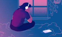 An illustration of a woman sitting down, looking thoughtfully out the window, while listening to headphones. 