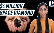 Hand holding diamond next to host, with text reading "$4 Million Space Diamond"