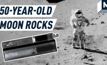 Astronaut on moon with text reading "50-Year-Old Moon Rocks"