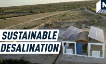 Picture of a deserted field. On the right there is a little white water desalination hub with solar powers on its roof. On the left, there's a Mashable caption reading "Sustainable desalination."