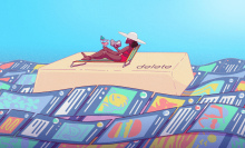 Illustration of woman in a bathing suit on a chaise floating on a delete button over a sea of apps