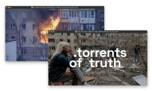 A desktop image shows to open windows. One is of a residential building in Ukraine set on fire, and the other shows a woman sitting outside a destroyed apartment block. A white font reads "Torrents of Truth".