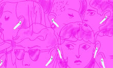 An illustration of multiple people wearing AirPods. The entire image is colored pink. 