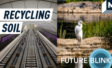 Split screen shows two images - a shot of an escalator on the Elizabeth line on the left, and a single spoonbill resting near water. Caption reads "recycling soil"