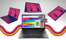 hp envy x360 in four different configurations with pink yellow and orange graphic behind screen