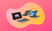 Lenovo IdeaPad Duet 3i laptop in multiple configurations against orange background