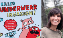 The cover of "Killer Underwear Invasion" next to a headshot of Elise Gravel. The cover displays three monsters running away from floating pairs of underwear with faces. 