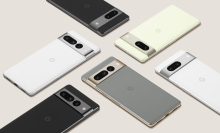 Google Pixel 7s and 7 Pros arranged in a geometric pattern