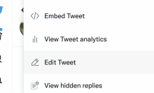 The dropdown menu for a tweet, showing the 'Edit tweet' button