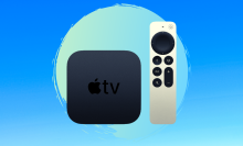 2021 Apple TV 4K with Siri remote with blue background