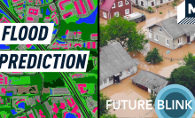 Split screen: an AI generated urban map on the left and a photograph of a flooded town on the right. Caption reads: "Flood prediction"