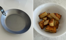 silver pan, bowl of fried potatoes