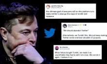 A photo of a haggard-looking Musk with his chin resting in his hand, against a black background. Three tweets from this article have been pasted next to him, along with the Twitter logo.