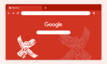 A screenshot of a red Google Chrome homepage. The art behind the search bar shows two white birds drawn in a particular artistic style using curved lines. 