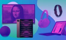 gradient background with various pink tinted tech products, including the samsung frame tv, ipad pro, amazon echo, fitbit luxe, sony headphones, and microsoft surface