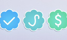 Three badges in a row: the twitter verification badge, the vine verification badge, and a badge with a dollar sign in it.