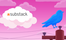 An illustration of a blue twitter bird sitting on a telephone wire. Behind it is a pink sunset and white cloud, one of which has the Substack logo on it.