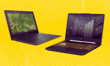 an hp chromebook and an asus tuf gaming laptop against a yellow background