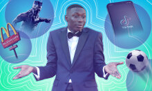 Khaby Lame in a tux, shit from the waist up. He is in his signature shrugging pose (shoulders raised to his ears, elbows bent, palms turned upward). Background is a blue to green gradient. A soccer ball, McDonald's sign, the Black Panther, and a cell phone with the TikTok logo on it float around his body.