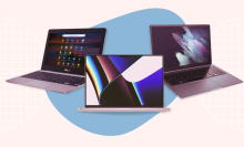 three laptops featured in amazon's early black friday sale against a blue and pink geometric background