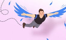 Elon Musk flying, Icarus-like, on blue wings 
