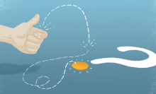 An illustration of a hand flipping a coin. The coin is landing on the ground and forming the dot under a large, white question mark.