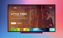 a tv displaying the hulu interface against a blue and red gradient background