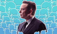 Elon Musk surrounded by blue Twitter bird icons.