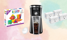 Photo compilation of iced coffee maker, magnetic tiles, and smart plugs