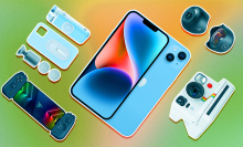 A composite of iPhone accessories against a colorful backdrop