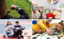 Child wearing Garmin Vivofit Jr. 3 smartwatch, child's bedroom filled with Squishmallow plushes, two kids holding drone, adult and child building with GraviTrax set