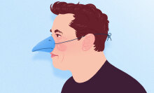 An illustration of Elon Musk wearing a blue bird beak.