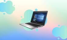 Refurbished HP EliteBook 840 on a colorful background.