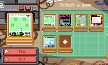 A screenshot of a gaming menu drawn in a retro, 8-bit style.