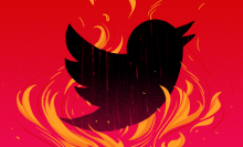 illustrated twitter bird surrounded by flames