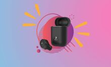 Peiko Generation 2 Wireless Translator Earbuds on a colorful background.