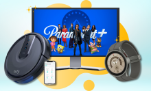 eufy robot vacuum, tv with paramount+, and samsung galaxy smartwatch with yellow and blue background