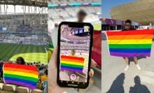 Three pictures of fans holding rainbow flags at the FIFA World Cup.