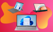 Laptops against a pink and orange background
