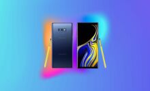 Refurbished Samsung Galaxy Note 9 on a colorful background.