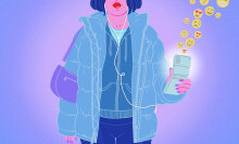 An illustration of a Gen Z girl looking cool with a flip phone in her hand. 