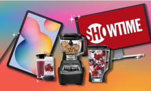 galaxy tab, ninja blender system, and monitor with showtime logo with colorful background