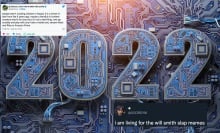 illustration of 2022 with computer parts with screenshots of tweets 