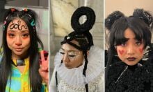 Three behind the scenes shots from "Everything Everywhere All at Once": Jobu Tupaki in a bright, K-pop-inspired look; Jobu Tupaki in a white pearl gown with a black bagel made of hair on her head; Jobu Tupaki in a black goth-inspired look.
